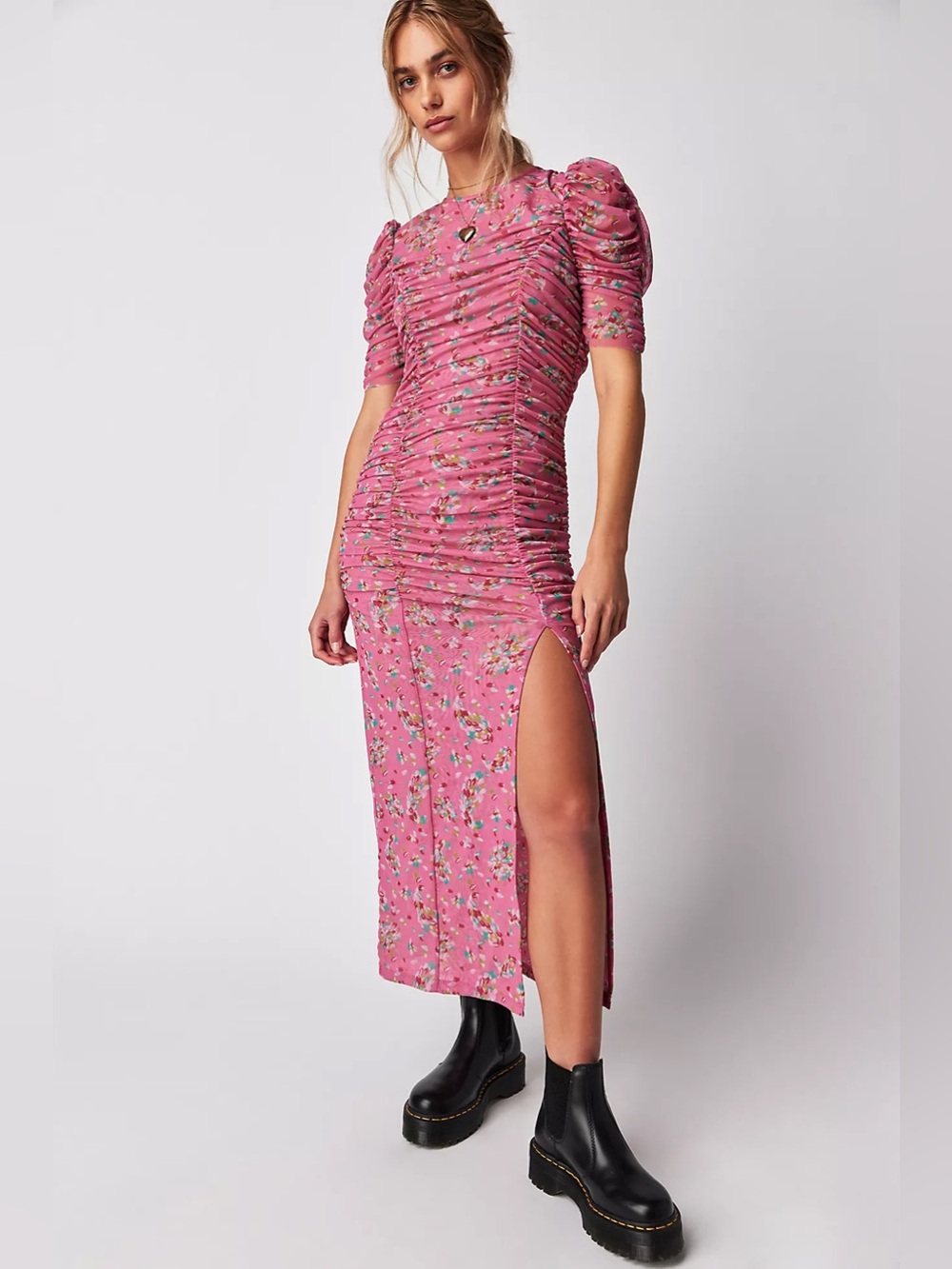 Free People Briella Midi Dress Hot Pink Combo